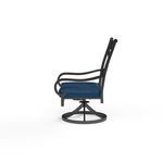 Side view showing curved armrests and sturdy circular swivel base of the outdoor dining chair