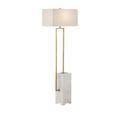 Side angle of Beside Floor Lamp featuring cream rectangular shade and marble base with small black metal feet