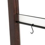 Side detail showing dark wood frame joint and metal bar with hook attached
