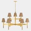 Side profile view showing the extended length of the six arms with grasscloth lampshades.