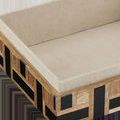 Close-up of box interior lined with beige fabric contrasting the wood and black composite on exterior
