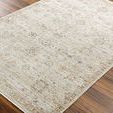 Area rug on wood floor showing full view and soft muted color palette with floral pattern