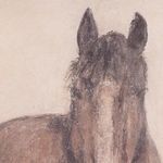 Close-up on the horse's head showing textured brushstrokes and mixed media details
