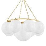 Large chandelier with nine cloud glass globes arranged around a bigger center globe and aged brass frame and chain
