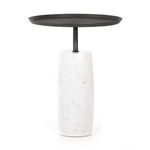 Side view of entire end table showing smooth marble base and iron top