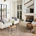 Adrian Ocean Clay rug styled in a bright living room with white couch, wood beams, and leather chair