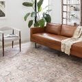 Rug angled beside a brown leather sofa and white chair with large green plant in the background