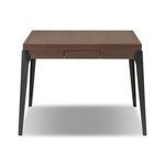 Front view of game table flipped to leather game surface with storage drawers closed