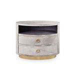 Front view of Julius 2-Drawer Side Table showing two drawers and open shelf in light faux fur