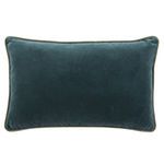 Rectangular lumbar pillow in solid teal cotton velvet with gray-green piped edges