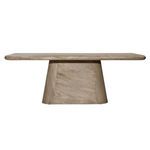 Front view of natural acacia wood dining table highlighting the trapezoid pedestal base