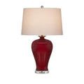 Front view of Imperial Red Table Lamp switched on illuminating cream shade softly