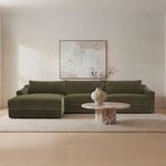 Farrow Sectional styled in modern living room with neutral rug, round marble coffee table, and abstract wall art