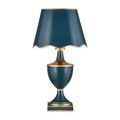 Travelogue lamp with scalloped shade showing slight left angle and gold base details