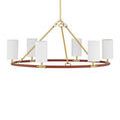 Chandelier showing linen shades on tan leather ring from a lower center-right angle