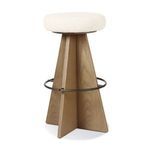 Damon swivel stool angled to show wood grain panels and metal footrest circle in warm brown finish