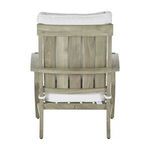 Rear view displaying vertical slatted teak back and cushion straps