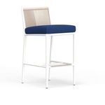 Sabbia Barstool with satin white aluminum frame, natural-colored all-weather rope back, and blue cushioned seat