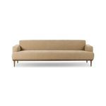 Ethel Sofa in light tan poly-linen fabric with rounded wood base, tapered legs, classic track arms, and fixed back cushion