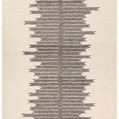 Hand-tufted rectangular rug with cream background, central dark gray striped Moroccan-inspired pattern, and short gray fringe