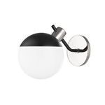 Miranda 1 Light Wall Sconce with polished nickel finish, black half-dome top, and white globe diffuser