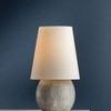 Ulsterville table lamp with oversized linen shade and textured spherical ceramic base in neutral tones