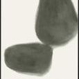 Abstract painting Mossy Pebbles II featuring three overlapping soft-edged moss green shapes on off-white background