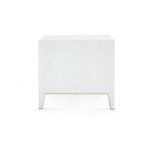 Platinum lacquered silk grasscloth Madeline 3-drawer side table with tapered legs and pin-stripe texture