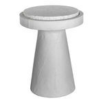 Whitewashed sculpted cement base with round flecked white terrazzo tabletop, conical silhouette accent table