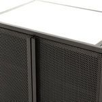 Minimalist front view of media console highlighting the evenly spaced perforated front panels
