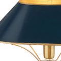Close-up showing gold interior and trim of the oval navy-blue shade with brass socket detail