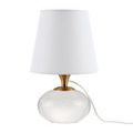 Lamp with white shade seen from front with clear optic crystal spherical base and brass neck