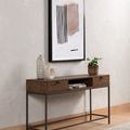 Side view capturing walnut top and metal bottom frame contrast with drawers fittings