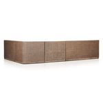 Front angled view highlighting the sectional structure and fabric cushion seating