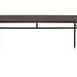 Front view showing symmetrical black metal leg supports and smoked wood tabletop edge