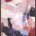 Abstract painting Pink Clouds II with pink and white brushstrokes mixed with purple and red accents in a black frame
