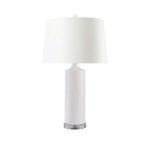 White ceramic Conniston Lamp with cylindrical base, curved neck, white drum shade, and clear circular base