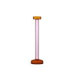 Tall glass candle holder with amber base and top, slender pink stem, modern, transparent design