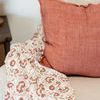 Pillow on cream armchair with patterned throw in close-up view