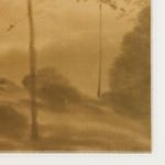 Close-up of soft amber canvas texture and shadowed tree silhouettes with artist signature corner