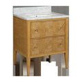 Side view of vanity showing tapered legs and rattan slat texture on side panel
