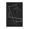 Abstract painting with thick and thin intersecting white lines on a deep black background