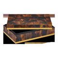 Box with the lid partially open revealing black interior and penshell puzzle surface on lid and sides