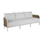 Havana Cane Sofa with white cushions, white metal frame, and natural cane sides for outdoor use