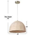 Front view of pendant light showing dimensions: 15 inch width, 10 inch height, max 76 inch cord length