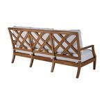 Rear angle of Haley Teak Sofa highlighting lattice back design in teak wood