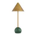 Full front view of lamp showing elegant proportions and contrast between brass and green marble