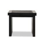 Front view of Warby End Table emphasizing solid black oak wood leg panels and top texture