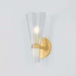 Pine Island Wall Sconce with clear etched glass shade and warm gold round metal backplate