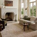 Rug styled in living room setting with sofa, armchair, and fireplace showing room scale and decor compatibility